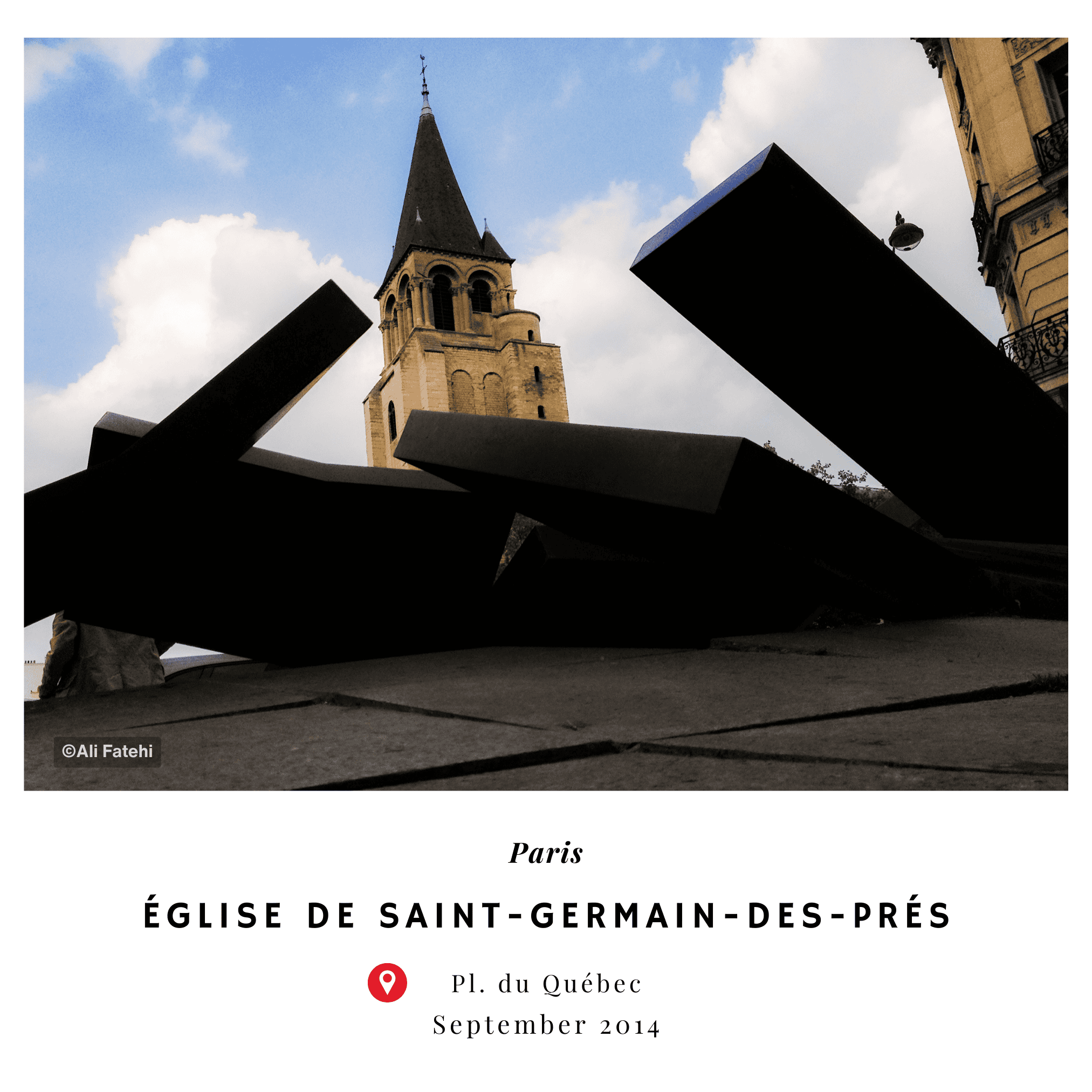 A view of the Église de Saint-Germain-des-Prés in Paris, with modern black sculptures in the foreground, taken in September 2014.