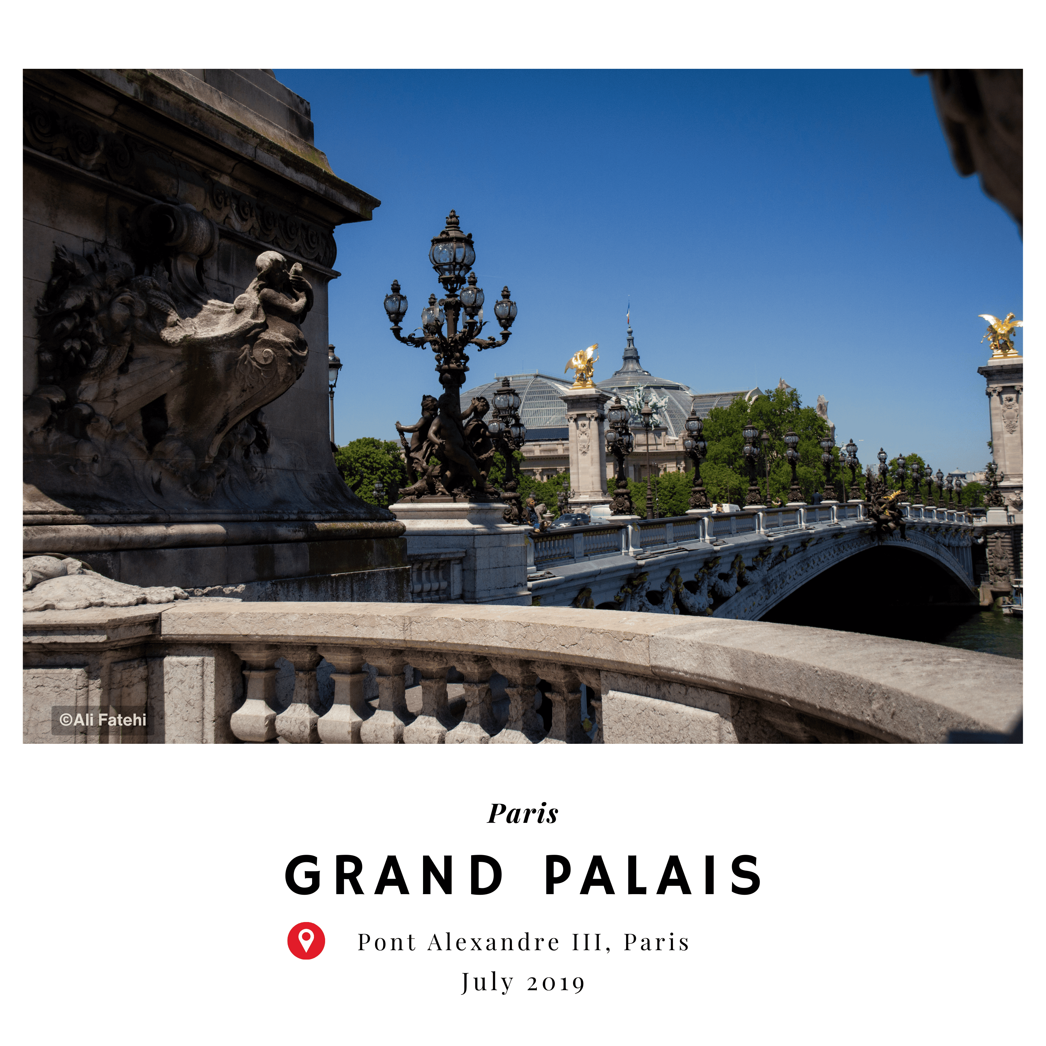 A view of the Grand Palais from the Pont Alexandre III, showcasing the ornate bridge details and the building in the background, taken in July 2019.