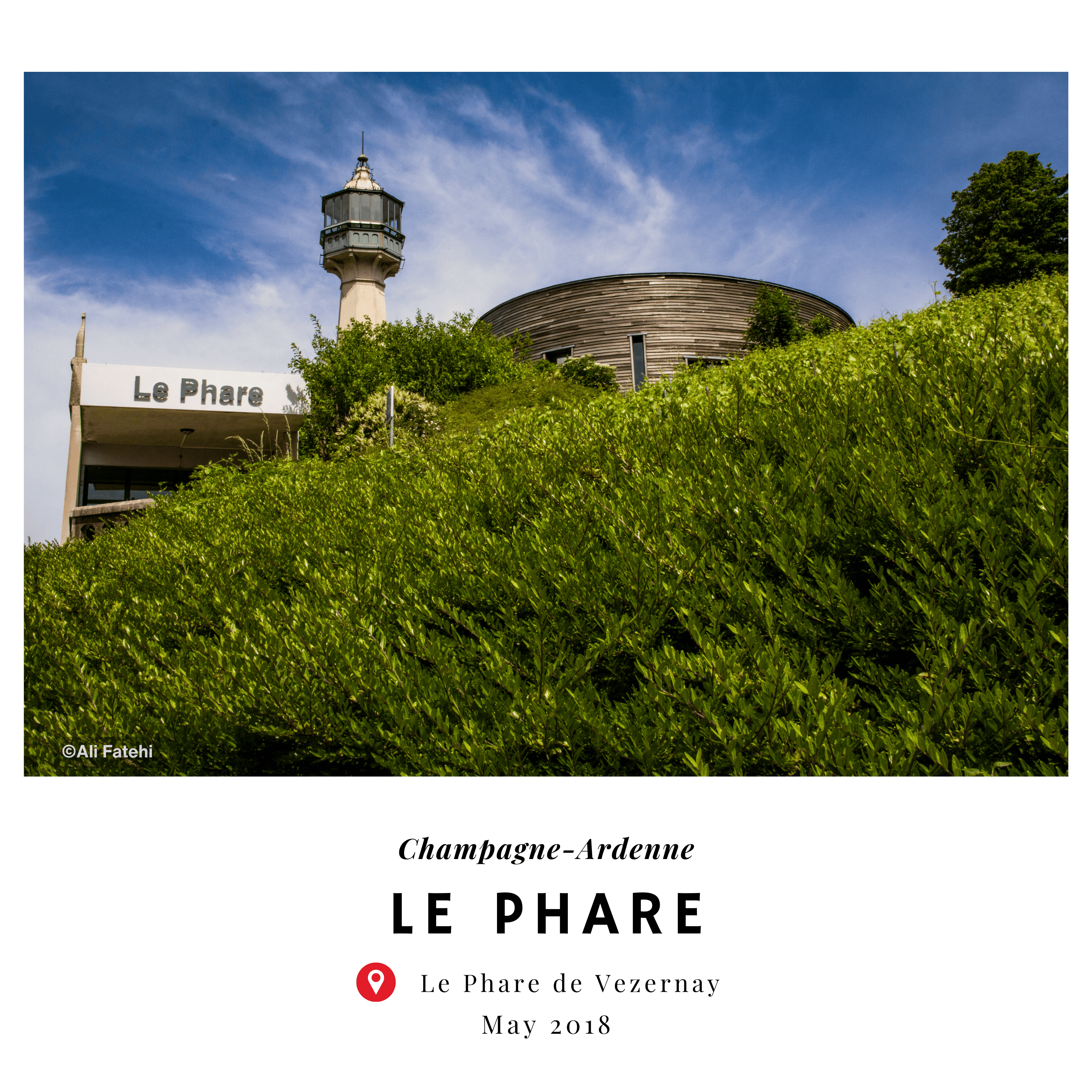 A view of the Le Phare de Vezernay lighthouse, with its modern architectural design set against a green hillside, taken in Champagne-Ardenne in May 2018.