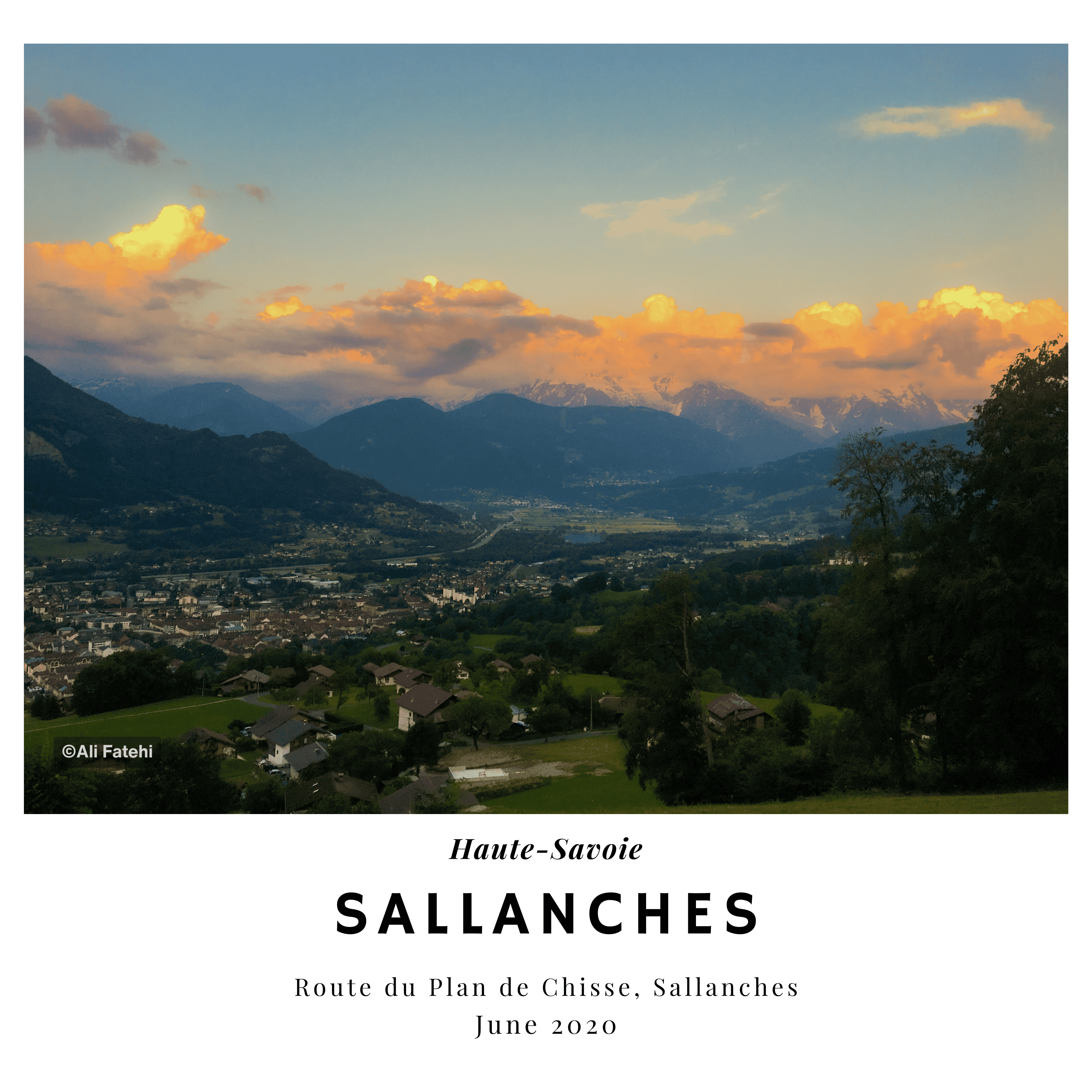 A view of the town of Sallanches, France, with the mountains in the background at sunset, taken from Route du Plan de Chisse, June 2020.