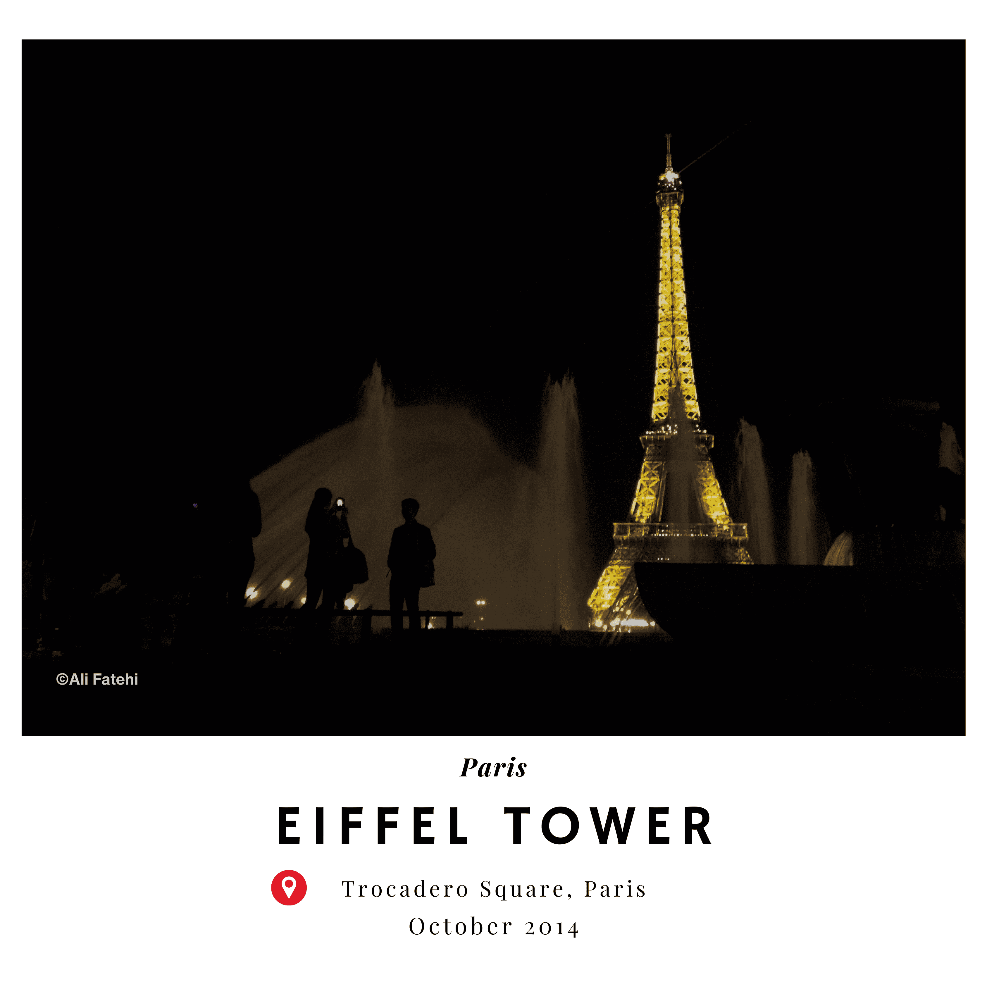 Silhouette of people in front of the illuminated Eiffel Tower at night, with fountains in the background, taken at Trocadero Square, Paris.